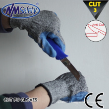 NMSAFETY 13 gauge blue pu coated cut work gloves cut and puncture resistant gloves